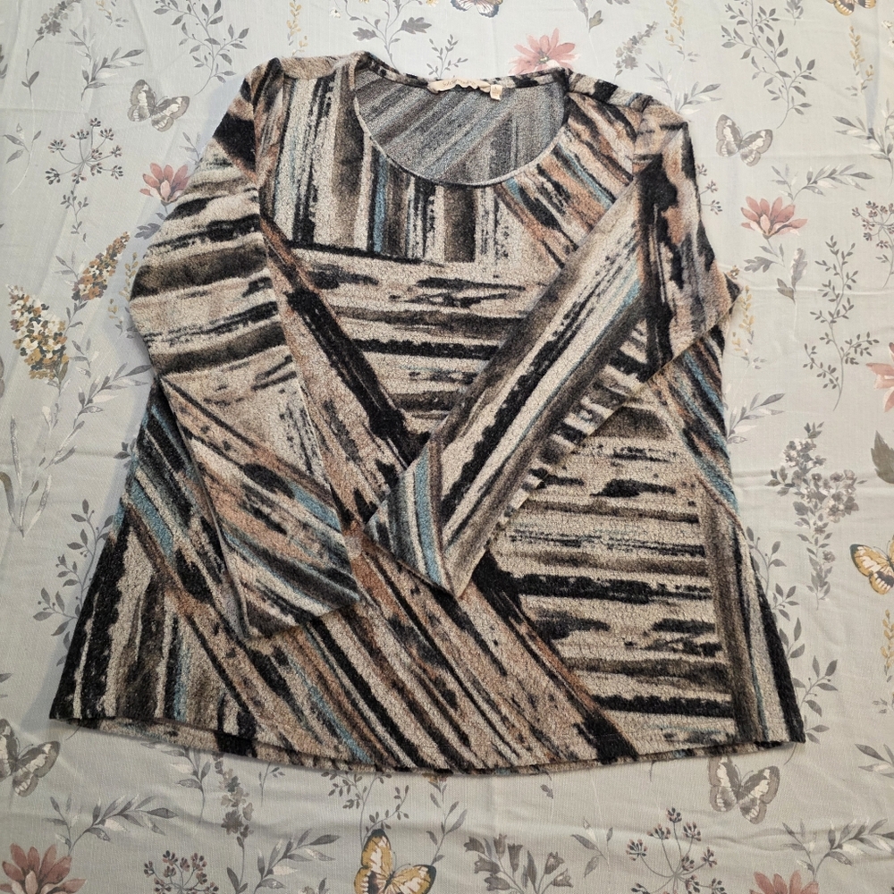 Soft Surroundings Large Abstract Stripe Knit Top Earth Tone Boho Artsy Blouse